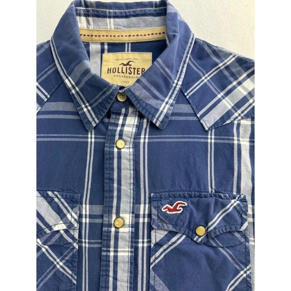 Hollister Big‎ Boys Blue Plaid Western Pearl Snap Long Sleeve Shirt Medium